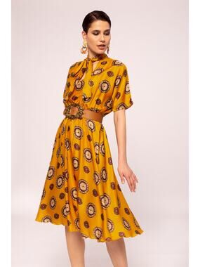 Nissa Marigold Medallion Print Silk Blend Short Sleeve A-Line Midi Dress Size 8